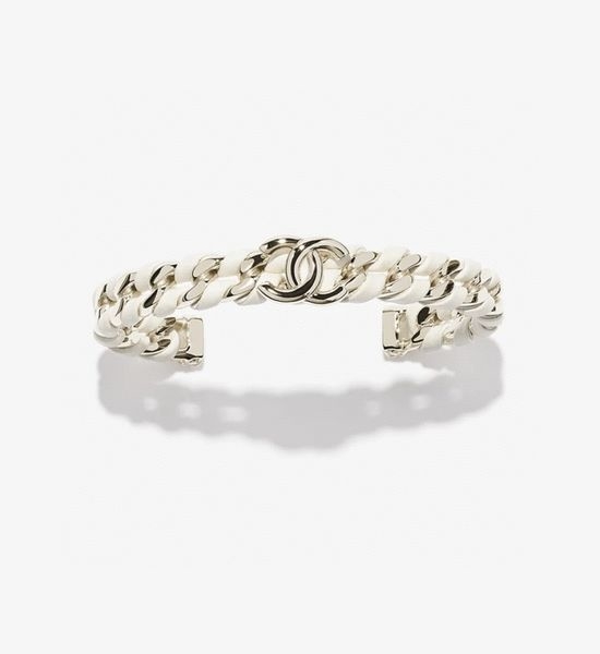 Chanel White Leather Weave Open Bracelet
