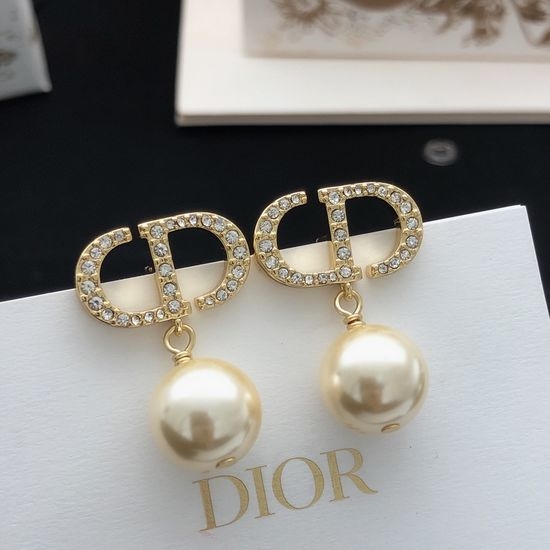 Christian Dior CD Diamond Inlaid Pearl Drop Earrings Brass