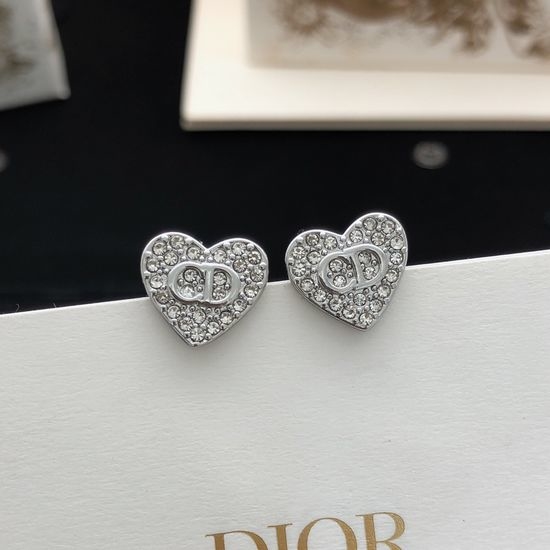 Christian Dior CD Silver Heart Brass Stud Earrings