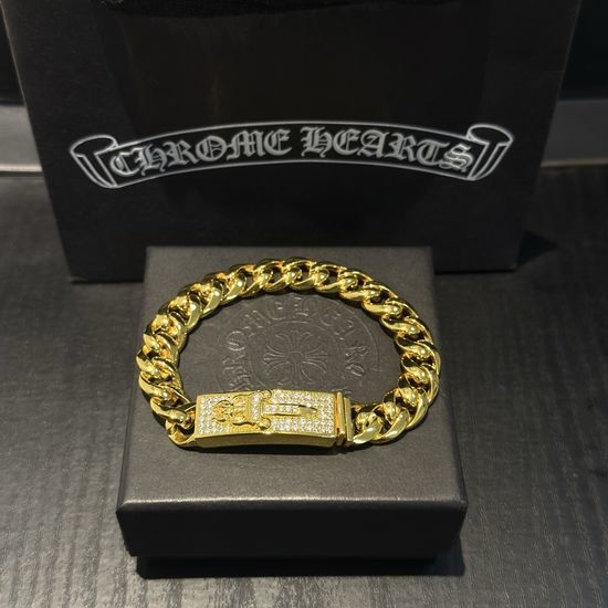 Chrome Hearts Full Diamond Sword Gold Tone Bracelet