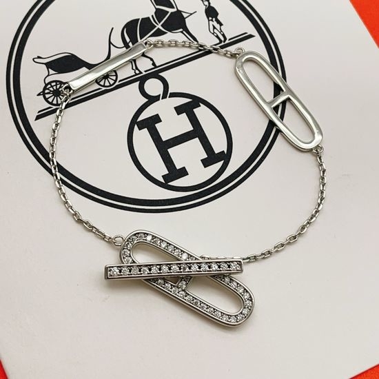 Hermes Oval Diamond Inlaid Silver Bracelet