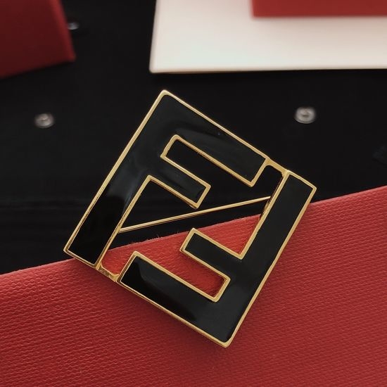 Fendi Black Square Brooch Brass Material