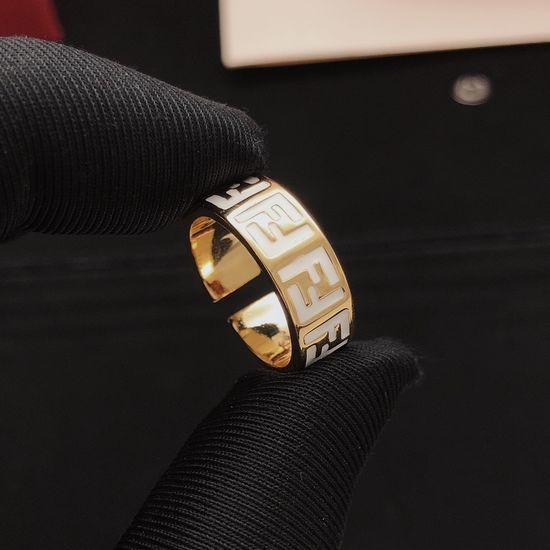 Fendi White Enamel Decorated Brass Ring