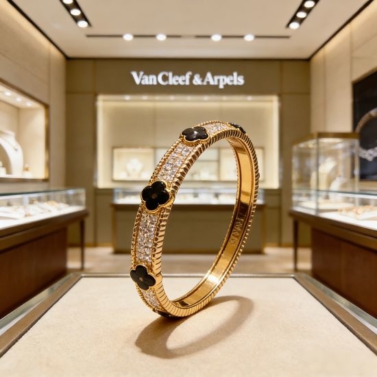 Van Cleef & Arpels VCA Diamond Clover Carved Bangle
