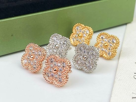 Van Cleef & Arpels VCA Diamond Stud Earrings Gold Plated Tricolor