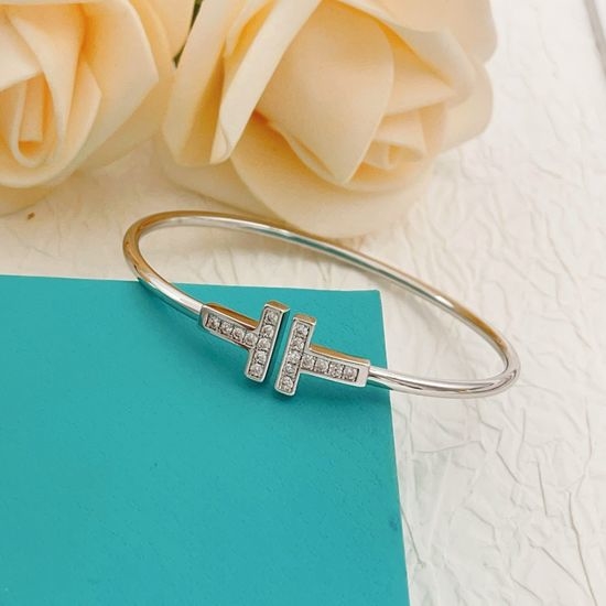 Tiffany & Co. Silver Full Diamond Double T Bangle