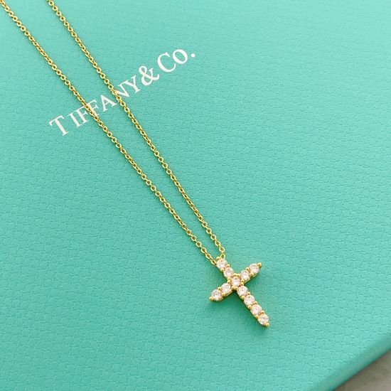Tiffany & Co. Gold Diamond Cross Pendant Necklace