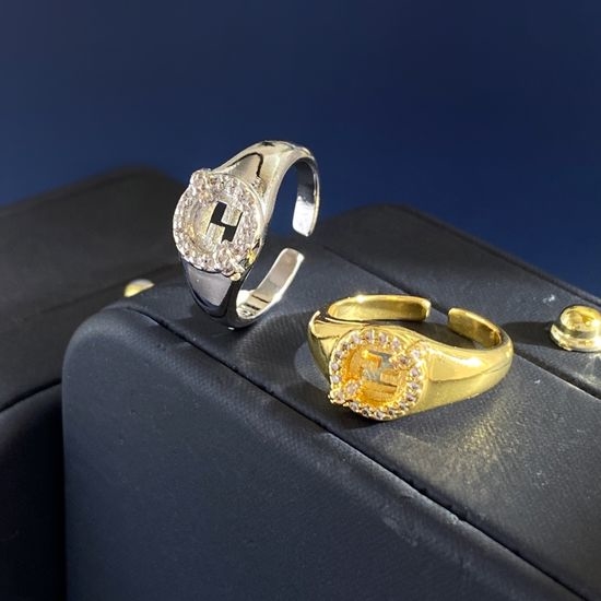 Fendi Hollow Letter Inlaid Diamond Open Ring
