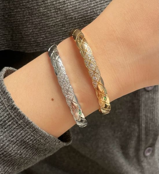 Chanel Quilted Diamond Inlaid Wide Bangle