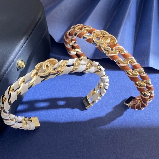 Chanel Light Gold Double C Leather Bracelet