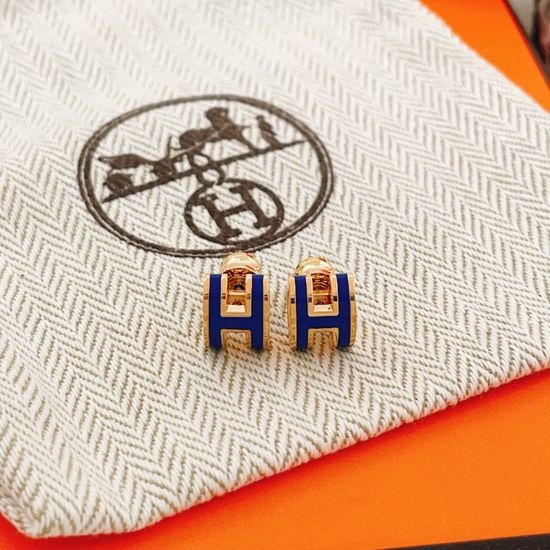 Hermes Mini Blue Letter Rose Gold Stud Earrings