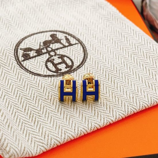 Hermes Mini Blue Letter Gold Stud Earrings