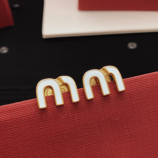Miu Miu White Letter Brass Stud Earrings