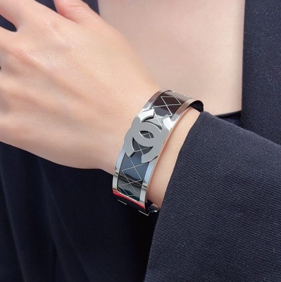 Chanel Wide Quilted Shiny Stainless Steel Bangle