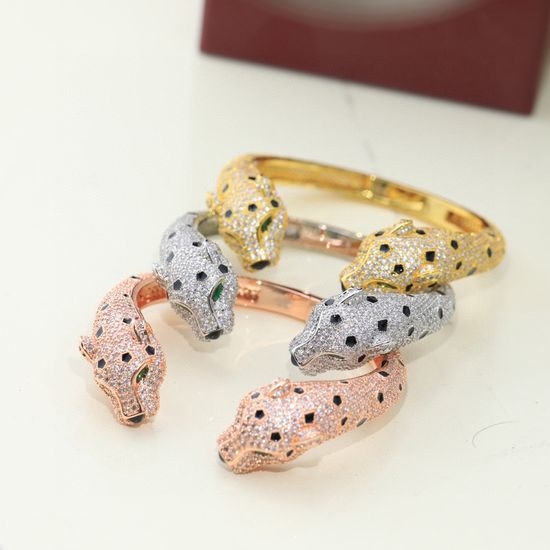 Cartier Full Diamond Leopard Head Gold Bangle
