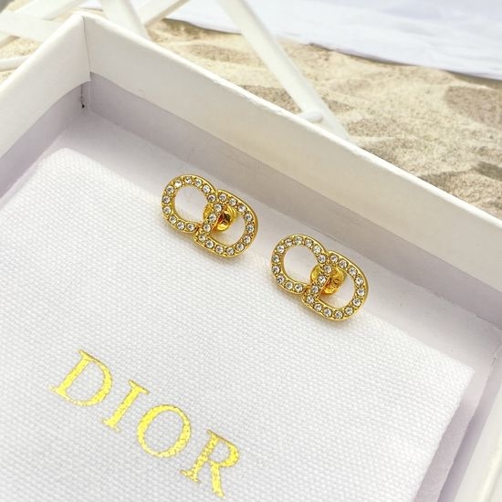 Christian Dior CD Gold Crystal Inlaid Stud Earrings