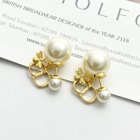 Christian Dior CD Bee Pendant Double Pearl Stud Earrings