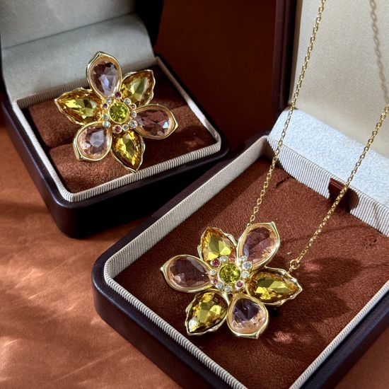 Swarovski Rhinestone Flower Brooch Long Sweater Necklace