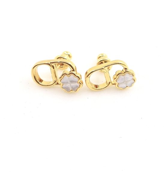 Christian Dior CD Gold White Flower Stud Earrings Brass Material