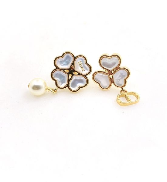 Christian Dior CD Gold White Flower Asymmetric Stud Earrings Brass