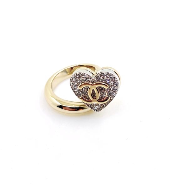 Christian Dior CD Two Tone Full Rhinestone Heart Open Ring