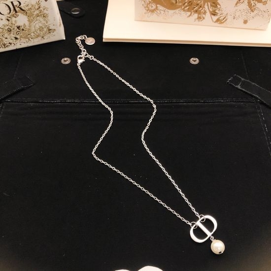 Christian Dior CD Silver Pearl Pendant Brass Necklace