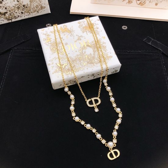 Christian Dior CD Double Layer Rhinestone Pearl Necklace