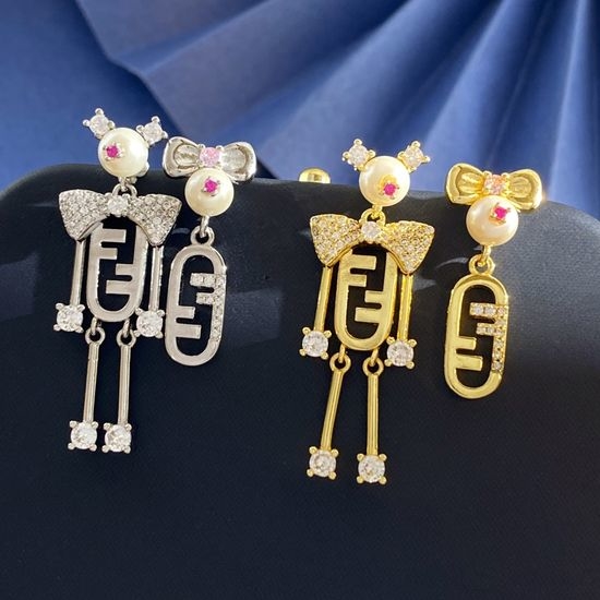 Fendi Pearl Asymmetric Hollow Rhinestone Earrings