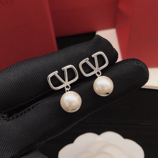 Valentino Letter Pendant Pearl Silver Stud Earrings
