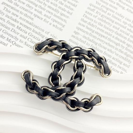 Chanel Vintage Black Gold Leather Chain Brooch