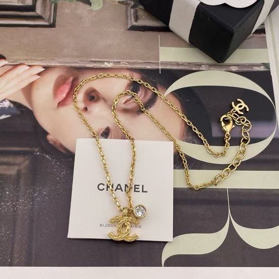 Chanel Rhinestone Geometric Pendant Necklace Gold Plated