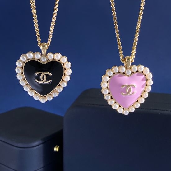 Chanel Heart Enamel Drop Pendant Necklace Brass