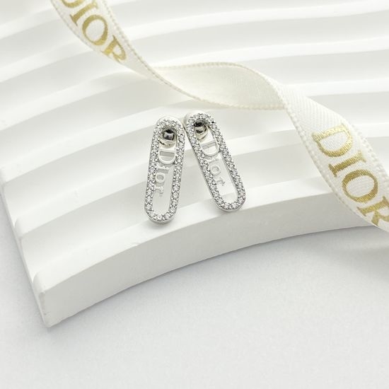 Christian Dior CD Full Diamond Ellipse Long Silver Earrings
