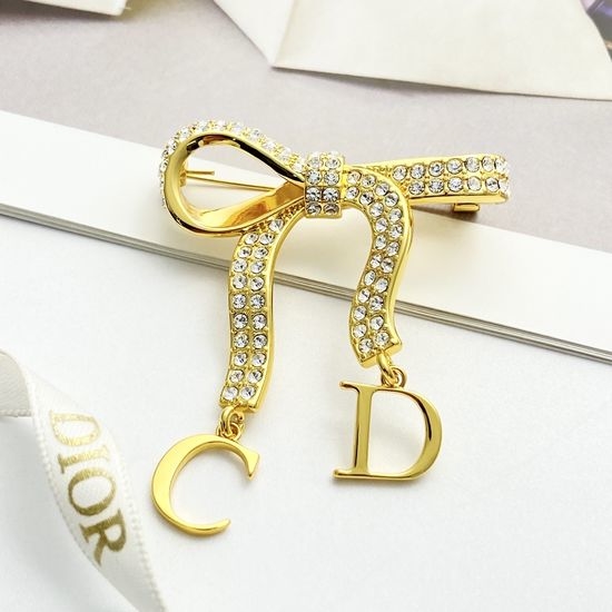 Christian Dior CD Rhinestone Bow Brooch With Pendant