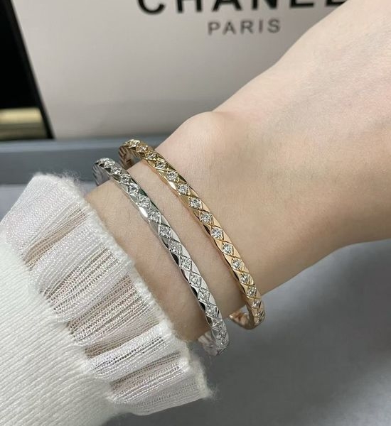 Chanel Elegant Diamond Pattern Bangle in Platinum and Rose Gold