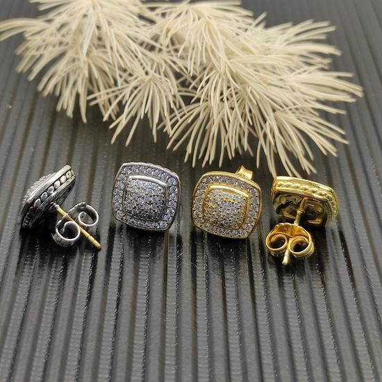 David Yurman Gold Full Diamond Square Stud Earrings